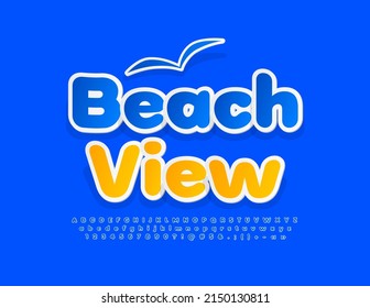 Vector marketing poster Beach View with decorative element. Blue sticker Font. Creative Alphabet Letters, Numbers and Symbols set