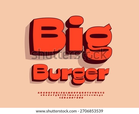 Vector Marketing poster Big Burger. Stylish Red 3D Font. White Trendy set of Modern Alphabet Letters and Numbers