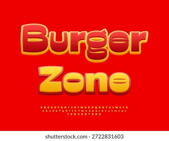 Vector Marketing poster Burger Zone. Bright Yellow and Red Font. Decorative Alphabet Letters and Numbers set. 