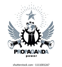 Vector marketing poster composed with loudspeakers and raised arm holding Earth globe surrounded by engineering gear. Social revolution concept, no restrictions. Propaganda as political agitation.