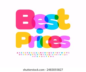 Vector marketing promo Best Prices. Cute Colorful Font. Bright Creative Alphabet Letters and Numbers.