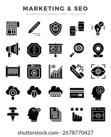 Vector de marketing y tipos de SEO conjunto de iconos en estilo glifo. Ilustración vectorial.