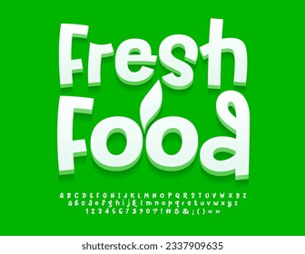 Vector marketing sign Fresh Food with decorative Leaf. Trendy White Font. Unique set of handwritten Alphabet Letters, Numbers and Symbols