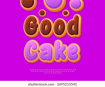 Vector Marketing sign Good Cake for Bakery Goods, Cafe Menu. Violet glazed Font. Delicious set of Alphabet Letters and Numbers. 