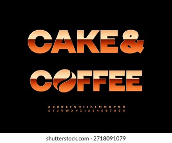 Vector Marketing Tarta de Plantilla y Café. Fuente dorada exclusiva. Conjunto de letras y números del alfabeto clásico.