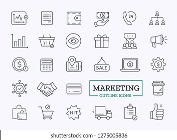 Vector Marketing Thin Line icons with pictogram of sale, gift, customer support . Promotion Design Symbols for web.