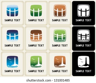 Vector marks in different color with water, waves, dams and lighthouses