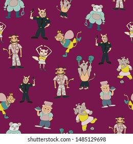 Vector maroon fun anthropomorphic cartoon characters seamless pattern background