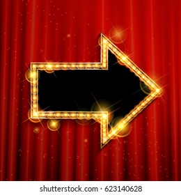 Vector marquee arrow symbol. On the background of the red curtain. Vector illustration