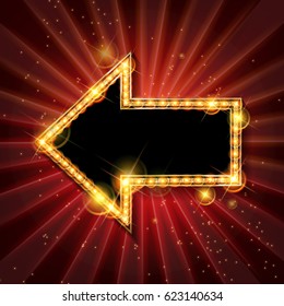 Vector marquee arrow symbol. On the background of the red curtain. Vector illustration