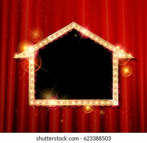 Vector marquee arrow symbol. On the background of the red curtain. Vector illustration