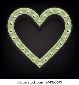 Vector marquee heart symbol with glowing pale turquoise light bulbs on black background