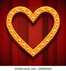 Vector marquee heart symbol with warm yellow glowing light bulbs on red curtain background 