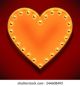 Vector marquee heart symbol with warm yellow glowing light bulbs on red background | Romantic volumetric 3d heart shaped design element for valentine's day 