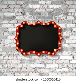 Vector Marquee light board sign on light grey brick wall background. Vector illustration