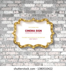 Vector Marquee light board sign on light grey brick wall background. Vector illustration