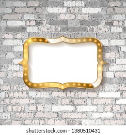 Vector Marquee light board sign on light grey brick wall background. Vector illustration