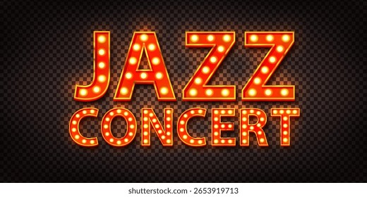 Sinal de néon letreiro vetorial de Jazz Concert isolado no fundo transparente.