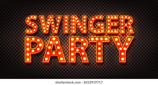 Sinal de néon letreiro vetorial de Swinger Party isolado no fundo transparente.