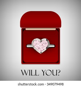Vector marriage proposal card with heart-shaped engagement diamond ring in a red jewelry box with text "Will you?"