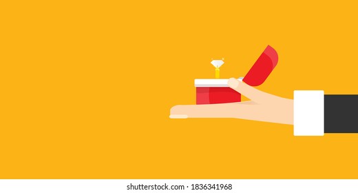vector Marriage proposal horizontal banner. Man hand holding open box with a golden wedding ring and diamond isolated on orange horizontal background