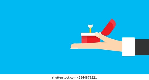 vector Marriage proposal horizontal banner. Man hand holding open box with a golden wedding ring and diamond isolated on blue horizontal background