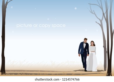 vector married couple hold hand and standing on rice field background