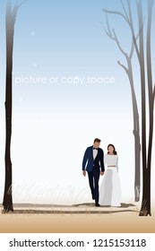 vector married couple hold hand and standing on rice field background