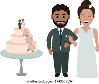 Vector of a married couple and a wedding cake with flowers.