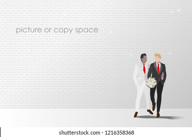 vector married men couple hold hand and standing on brick wall.white skin and dark skin