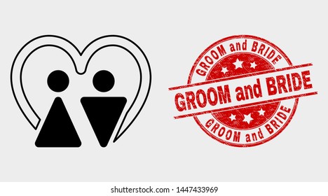 Vector married persons pictogram and Groom and Bride seal stamp. Red rounded distress seal stamp with Groom and Bride text. Vector composition for married persons in flat style.