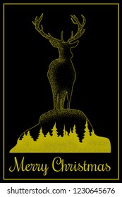 Vector. Marry Christmas card design. Silhouette of a deer with pine forest, black and gold background color