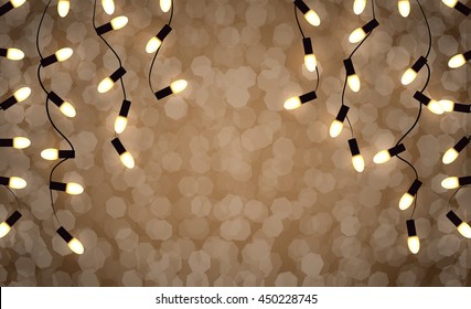 Vector Marry Christmas holidays garlands light transparent soft golden background. Holiday garland electric lights. Holiday electric garland background, party, Christmas, xmas, disco, mother's day.