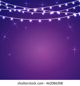 Vector Marry Christmas holidays garlands star light transparent purple background. Electric lighting greetings Holiday garland electric lights. Holiday garland background, party, Christmas, xmas disco