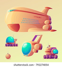 Vector mars colonization cartoon objects set. Spaceship, shuttle, mars rovers, base colony generato. Illustrations for futuristic infographics, banners in galaxy exploration, planet terraforming style