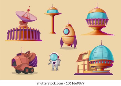 Vector mars colonization cartoon set. Spaceship, shuttle, rocket, mars rover - bulldozer, different bases, colony buildings. Futuristic technology, sci-fi construction, exploration of space