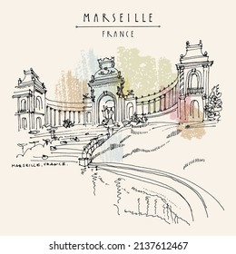 Vector Marseille, France postcard. Palais Longchamps. French tourism hand drawing. Retro style artistic travel linear sketch. Vintage hand drawn touristic postcard, poster, line art book illustration