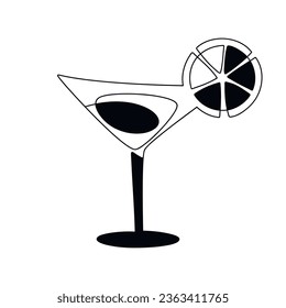Vektor martini Cocktailbrille mit Zitronenscheibe. Lineares Symbol. Alkohol trinken doodle Illustration. Grafik-Design, Cartoon-Druck, Banner, Karte, Poster, Broschüre, Zeichen, Symbol, Bar-Logo, Café-Menü.