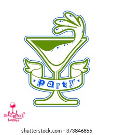 Vector martini glass with splash and curvy ribbon, beverage theme illustration. Stylized artistic lounge object, cocktail party.
