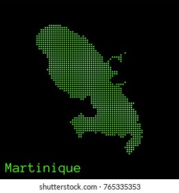 Vector Martinique map dotted silhouette with green dots on a black background (as on old ancient computers running DOS)