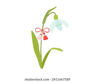 Vector martisor talisman on flower snowdrop, traditional accessory for holiday of early spring in Romania and Moldova. Romanian symbol of spring.