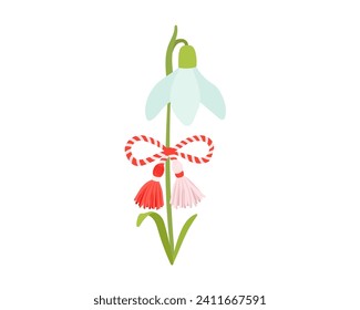 Vector martisor talisman on flower snowdrop, traditional accessory for holiday of early spring in Romania and Moldova. Romanian symbol of spring.