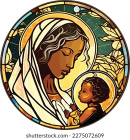 Vector of Mary and baby Jesus, circular, stained glass style