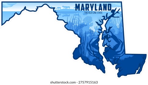 vector Maryland  sticker design with blue crab and Assateague island horses