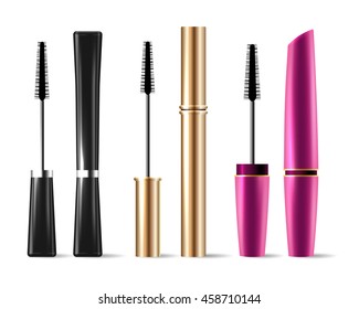 Vector mascara brush makeup packaging isolated on white background