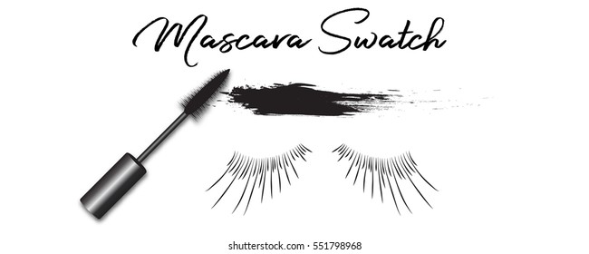 Vector mascara brush, swatch and lashes isolated on white background. Cosmetics black illustration.
