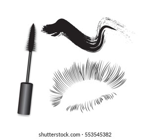 Vector mascara brush, swatch and lashes isolated on white background. Cosmetics black and white conceptual illustration.