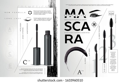 Vector Mascara flyer booklet or brochure template. Brush and mascara tube. Black wand and mascara tube. Fashionable cosmetics Makeup design for catalog