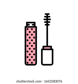 Vector mascara icon with brush in flat style with black stroke, pink fill and circles texture