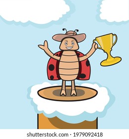 Vector Of Mascot beetle Champion on Sky and Clouds Background. Perfect for learning Color, Knowledge, mascot, logo, advertisement, sticker and background.